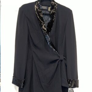 NWT Vintage Dana Buchman Wrap Tuxedo Black Dress with Sequined Cuffs and Collar
